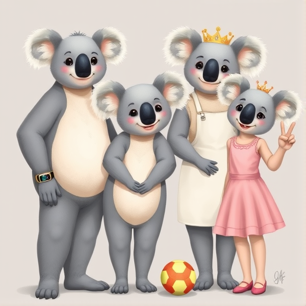 a family of tall koalas that are grey with cream tummies they all have fluffy ears in cartoon pixar  form, there is a father standing on the left who is taller that the mother and children wearing a sweat band and looks hot the mother is standing next to the father on the right she is shorter than the dad and is wearing an apple watch and a kitchen apron the children are shoreter that the parents but are still abit tall ythere is a three year old girl that is on the right and she is weaering a tutu and a tiara holding up the peace sighn the next child is a 7 year old girl standing in the middle of the family holding a sephora bag and wearing a pink dress the third child is 5 she is wearing an australian shirt band a tennis skirt and a viser she is holding a tennis racket and a soccer ball is under her foot she is standing on the right side the whole family should be smiling and posing as if they were in a family photo