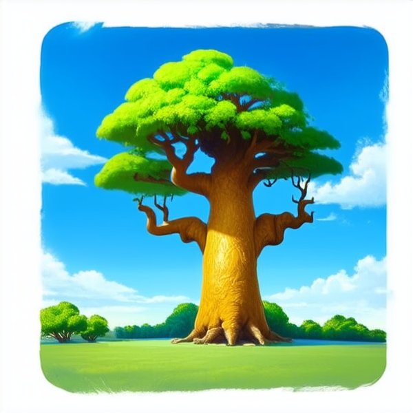 majestueux baobab aux feuilles vertes luxuriantes, éclairé par une douce lumière dorée du matin, ciel bleu clair en arrière-plan avec quelques nuages légers