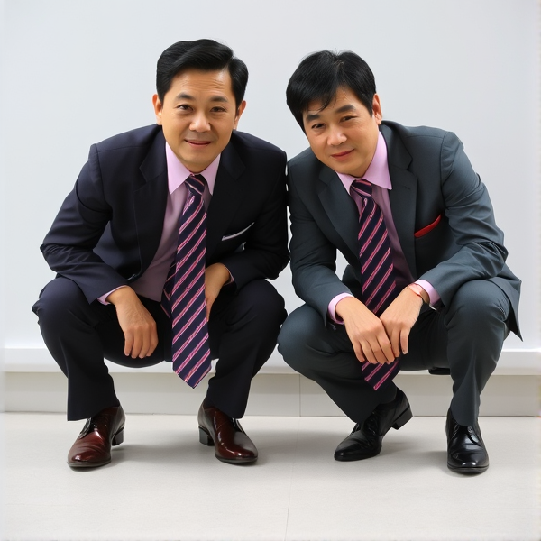 Deux hommes d’affaires japonais accroupis avec longue cravate rayée large et chemise rose.
