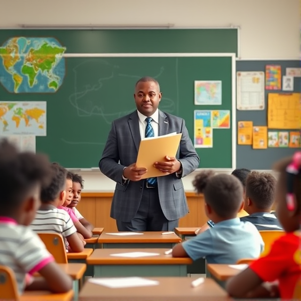 Directeur d'école afro-américain debout tenant un classeur dans ses mains portant un costume formel, dans une salle de classe avec un tableau vert, s'adressant avec bienveillance à un groupe d'élèves afro-américaines attentives de huit ans assises à leurs pupitres. Ils sont entourés de matériel pédagogique adapté à leur âge, comme des cartes géographiques, des affiches éducatives et des dessins d'enfants accrochés aux murs. La scène dégage une atmosphère chaleureuse et encourageante.
