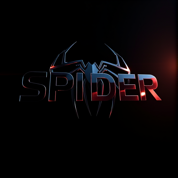 Create a 3D logo named "SPIDER" featuring ultra-modern aesthetics and sleek design. The logo should have bold, sans-serif lettering that appears to dynamically emerge from a pitch-black backdrop. Enhance the design with vivid light beams similar to the luminosity of the Capcut app icon, creating deep shadows and prominent highlights on the logo's surface. Combine advanced curves, sharp angles, and smooth lines to suggest speed and sophistication. Coat the logo in a metallic texture with a mirror-like finish for intense light reflection, giving it a sense of rapid movement. Incorporate Pixar's signature detailed imagery and distinct geometric forms, enriched with a vibrant color palette and glossy surfaces for added dimensionality. Employ rendering techniques akin to Unreal Engine's realism and Octane Renderer's ray tracing for captivating reflections, while also using V-Ray lighting effects to set the atmosphere. Aim for an exaggeratedly grandiose and sci-fi influenced visual spectacle that maximizes impact through its boldness, eschewing any trace of subtlety or minimalism.