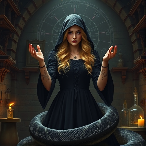 blonde haired hooded druidess woman wearing a black dress, summons a shadow snake in her castle dungeon filled with astrology and potions