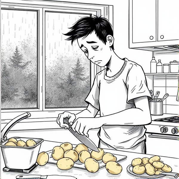 Sad hand drawn guy peeling potatoes in the kitchen with rain through the glass in the background