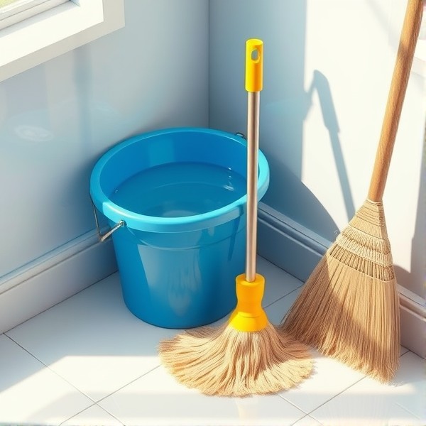 A meticulously arranged cleaning corner in a brightly lit room, featuring a shiny blue bucket filled with crystal-clear water, a neatly folded yellow mop resting beside it, a stiff-bristled scrub brush, and an upright broom with clean, natural straw bristles set against the wall. Soft shadows accentuate the textures of each object and the clean, tiled floor reflects the ambient light