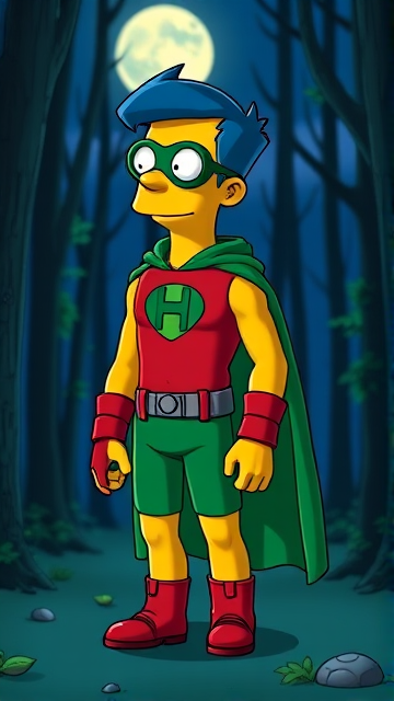 Milhouse Van Houten from The Simpsons, with his yellow skin, really big round nose, and blue hair that's slicked back and curled up at the top, but as a tall, 18-year old teenager, dressed as a parody of Robin, The Boy Wonder, with an extremely muscular torso and arms, a green bodysuit with a red torso adorned with a green H symbol on his chest, a grey utility belt, red boots, red long-cuffed gloves, a big, heel-length long, ultra-wide green cape, and a green eye mask with optical lenses in it, now known as Houseboy, The Nerd Wonder, the other half of Springfield's Dynamic Duo, and one of the greatest vigilante superheroes ever known in Springfield. He is currently standing in the forest at night, taking a break from his heroic duties to reflect on his growth and transformation into the vigilante he has become.