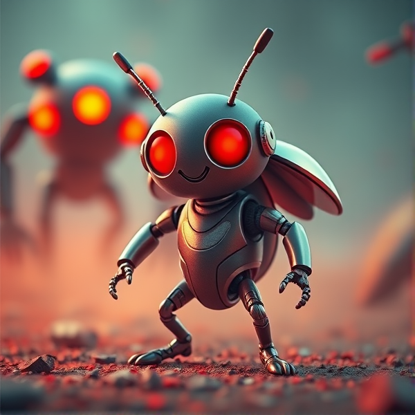 Make a movie poster about a robot beetle fighting a evil robot with red eyes