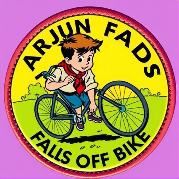 Highly detailed, vibrant illustration of a round Boy Scout merit badge, featuring a stylized comic scene where a boy, is depicted having just taken a minor tumble from his bicycle. He appears slightly disconcerted but unharmed, with an adhesive bandage on his elbow as the focal point. Encircle the scene with the words “Arjun Falls Off Bike”. Ensure clarity and legibility throughout the design.