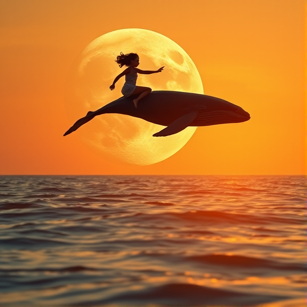 a girl jumping a whale over the moon