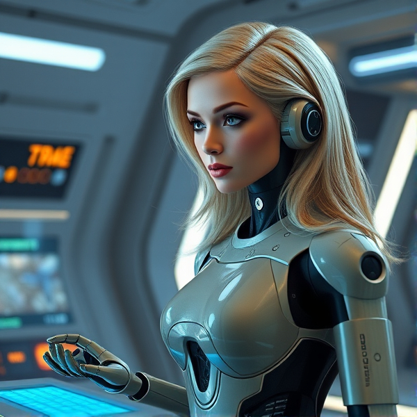 Star Trek fembot human blonde android robot body with computer interface