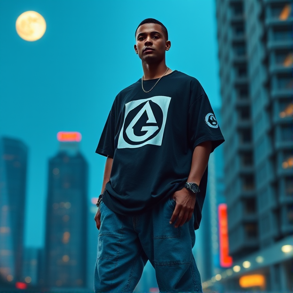 A oversized baggy T-shirt for a streetwear brand named stacked with baggy blue jeans and a graphic tee with the logo stacked