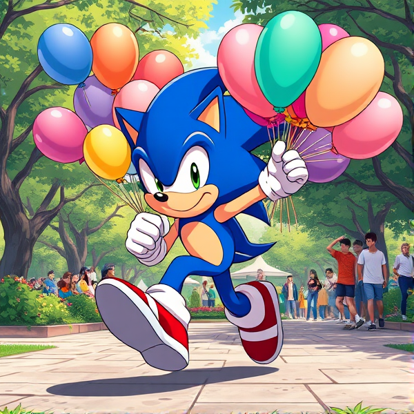 Sonic the Hedgehog captured mid-stride in a dynamic running pose, gripping a vivid collection of assorted balloons 500 each measuring 16 inches, amid a bustling park filled with activity and greenery, all illustrated in a richly saturated anime art style
