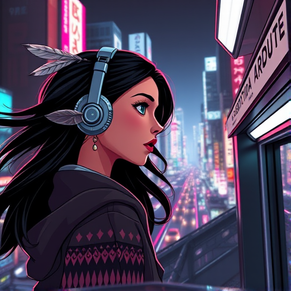 Create a 3D digital illustration featuring a Native American girl with flowing ebony hair, adorned in small tribal feather earrings. She's equipped with high-tech, conceptually designed headphones and sports a tribal-patterned hoodie (hood lowered) that hints at her heritage. As she glances back at us with a sultry, knowing gaze, desire in her eyes, she exits an underground subway station on the street level on the right side into an expansive, bustling night-time cityscape reminiscent of "Akira" or cyberpunk Tokyo. The metropolis should be filled with a myriad of vibrant neon Japanese holographic signs. At the top of this futuristic panorama, the words "ASTAUDIA PRODUCT" should be emblazoned in neon chrome using a retro-futuristic font.