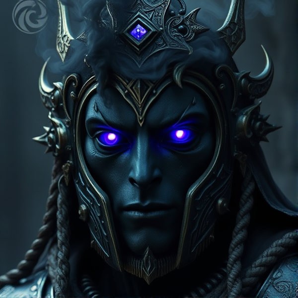 Celestial being wearing an ancient metal amor and a face of black smoke with glowing purple eyes