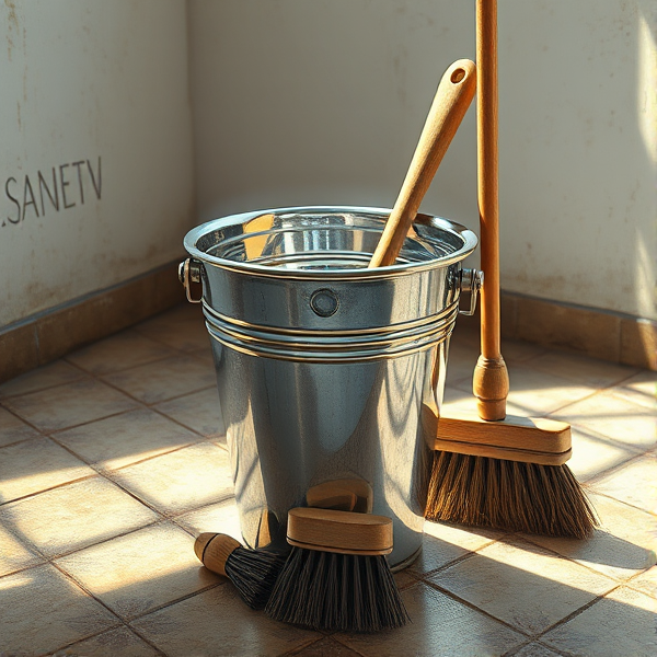 Seau d'eau en métal scintillant avec des reflets de lumière, accompagné d'une brosse et d'un balai  disposés de manière artistique au centre d'une pièce aux murs blanchis à la chaux et au sol carrelé de céramique ancienne