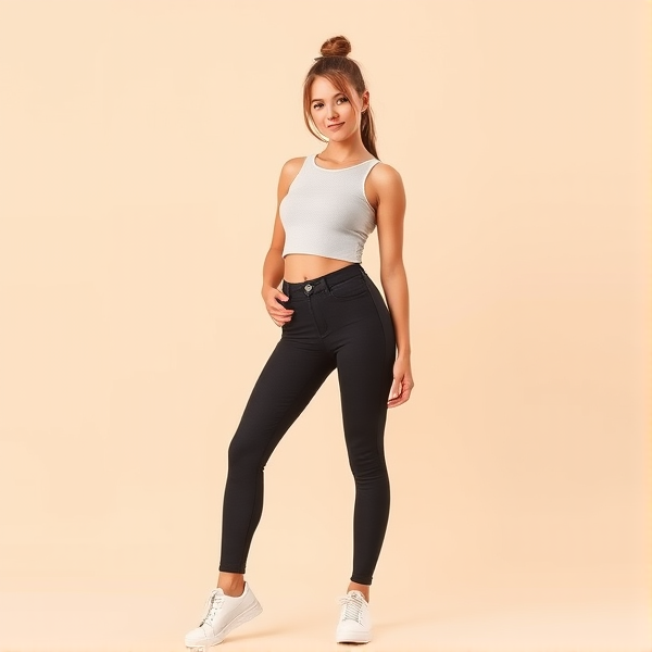 Fashion-forward teenage girl with an hourglass figure, sporting trendy high-rise leggings paired with a modern crop top that highlights her style acumen. Her pose is graceful and confident, capturing the essence of youthful vibrancy