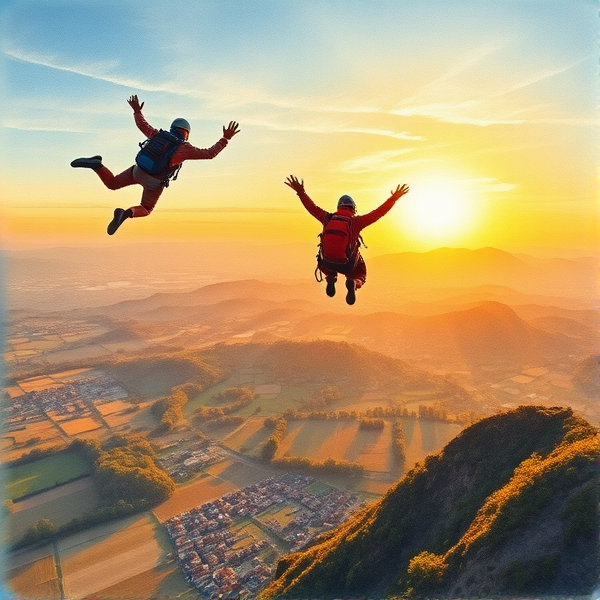 Aquarelle détaillée représentant des parachutistes en chute libre au-dessus d'un paysage typiquement français, avec une vue panoramique sur les champs, et la Montagne, les lacs en contrebas, le tout baigné dans la lumière dorée d'un soleil couchant éclatant.