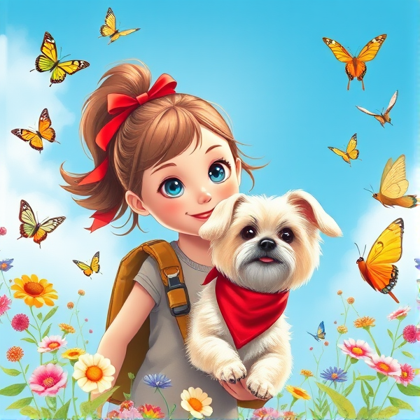 Bright, whimsical book cover design showcasing a spirited 10-year-old girl with a bouncy brown ponytail secured by a cherry-red ribbon, her small round eyes twinkling with mischief and wonder. The protagonist is center-stage on an exuberant quest, the background a beautiful blue sky.  Surrounding her are playful elements that resonate with girls her age: iridescent butterflies dancing in the air, lush, multicolored flowers blooming wildly at her feet, and charming birds with elaborate plumage. Accompanying her is a joyous blonde long-haired Maltese terrier, its floppy ears framing a face full of affection as it gazes at the girl; around its neck is a crimson bandana that flutters in the breeze. The scene pulses with the thrill of childhood adventures—look for an intricately detailed compass clutched in the girl's hand, binoculars draped around her neck, and intriguing hidden paths that invite secret explorations. Bold, playful typography leaps off the cover, spelling out "Undercover Kirby" in letters designed to spark imagination and convey a sense of exhilarating fun. Opt for an art style that echoes realistic hand-drawn illustrations to capture this timeless narrative of curiosity and discovery. The girls eyes should proportionate to face, not cartoon style. Dog has long ears that hang down