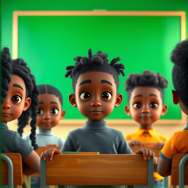 des filles noires de huit ans avec des tresses africaine et garçons assis dans une classe face au tableau vert