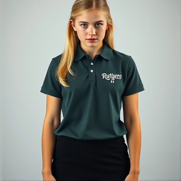A photorealistic image of a youthful, blonde 19 year old girl with vivid blue eyes and delicate light freckles scattered across her cheeks. She stands in a full front body pose, clad in a dark green-gray polo shirt featuring subtle white lettering that reads "Ruttgers" near the left side of her chest. Her attire is completed with a sleek black mini skirt. The overall tone should convey the natural beauty of youth without excessive color saturation or makeup.
