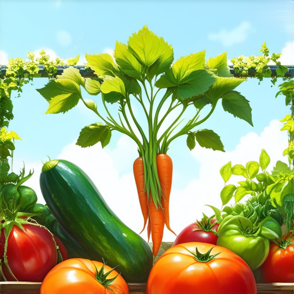un jardin potager luxuriant et détaillé, avec une variété de légumes colorés tels que des tomates rouges, des courgettes vertes et des carottes orange, sous un ciel bleu clair avec une lumière naturelle éclatante