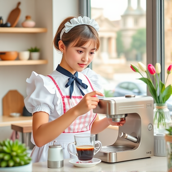 Cute young maid making coffee