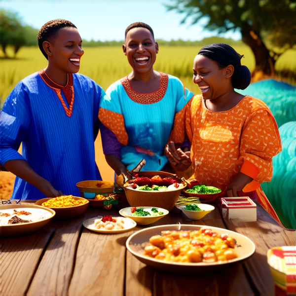 Famille nombreuse souriante réunie autour d'une table rustique en bois garnie de plats traditionnels africains, sous un ciel bleu dans un cadre champêtre avec des arbres et une végétation luxuriante, portant des vêtements africains colorés et variés, échangeant des rires et des conversations chaleureuses