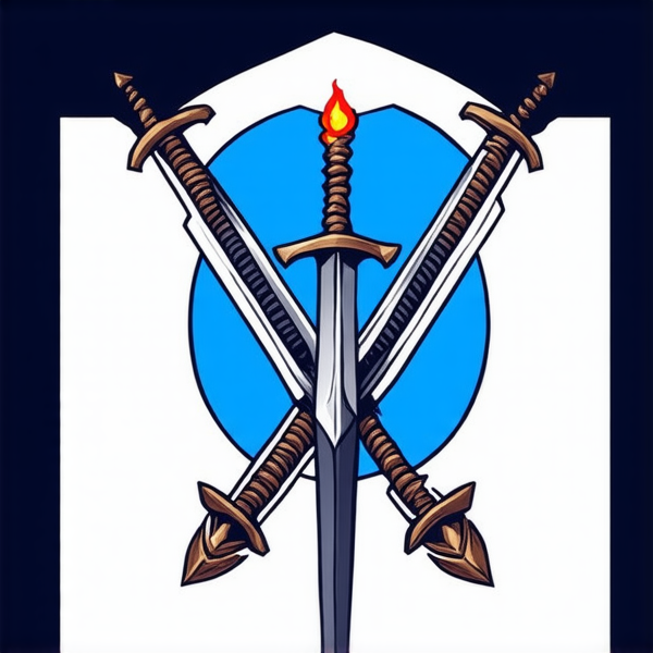 Trois épées croisées en leur centre. L'épée du milieu représentant l'élément du feu est placée verticalement. L'épée représentant l'element de la terre de manière féminine, elle est placée avec un angle 315 degrés par rapport à l'épée verticale représentant le feu. L'épée représentant l'élément du vent est placée 45 degrés par rapport à l'épée verticale représentant l'element du feu. Les épées sont de style médiéval européen et ont leur pommeau vers le haut. L'image doit être réaliste.