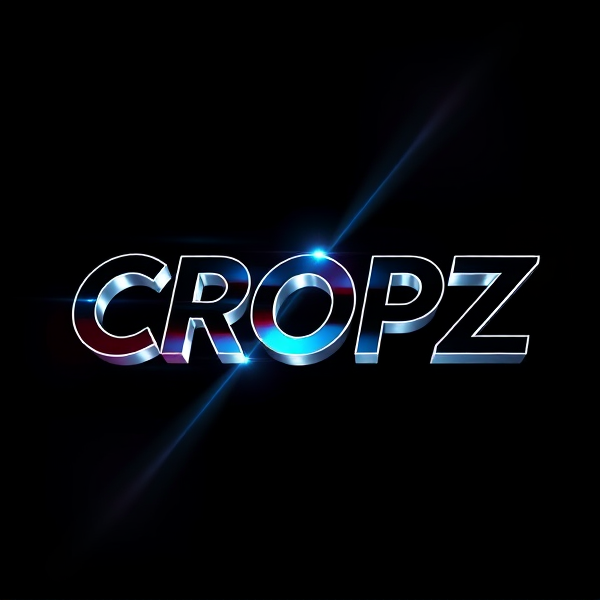 Create a visually arresting 3D logo for "CROPZ" that exudes ultra-modern, sleek design elements with bold sans-serif typography which dynamically bursts forth from a pitch-black background. Infuse the artwork with electrifying light beams inspired by the Capcut app icon's luminosity, casting profound shadows and creating striking highlights across the logo's contours. Incorporate a fusion of cutting-edge curves, crisp edges, and fluid lines to convey both rapidity and elegance. The logo should be enveloped in a metallic skin exhibiting a lustrous, mirror-like finish to dramatically bounce off light, imbuing it with an essence of vigorous motion.

Draw upon Pixar's hallmark of incisive imagery and pronounced geometric shapes, injecting the tableau with a lively color spectrum and polished surfaces for additional depth. Utilize rendering techniques paralleling Unreal Engine's hyper-realism and Octane Renderer's ray tracing capabilities to achieve mesmerizing reflections, alongside V-Ray's sophisticated lighting effects to accentuate the mood.

Strive for an overwhelmingly surreal visual spectacle that flirts with sci-fi elements, deliberately exaggerating every aspect for maximal impact. This creation ought to be perceived as audaciously lavish, overtly eschewing any inclination towards subtlety or minimalism.
