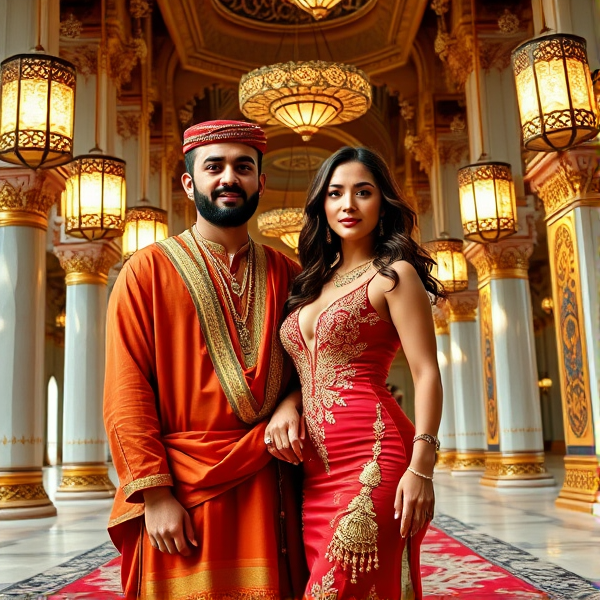 Un jeune homme arabe séduisant avec une barbe fournie et soigneusement taillée, vêtu d'une tenue traditionnelle riche en couleurs et ornements, pose aux côtés d'une jeune femme arabe brune rayonnante. Elle arbore des traits délicats, des cheveux ondulés drapant élégamment ses épaules et une silhouette gracieuse mise en valeur par une robe traditionnelle éblouissante et ajustée qui souligne sa beauté voluptueuse. Ils sont debout dans un palais arabe somptueux, entourés de colonnes majestueuses et de plafonds hauts richement décorés avec des motifs islamiques complexes et dorures. La lumière tamisée émane de lanternes artistiques suspendues, créant des jeux d'ombres délicats sur les murs incrustés de pierres précieuses et reflétant la splendeur dorée du palais. Le sol est couvert de tapis persans luxuriants aux motifs élaborés, ajoutant à l'ambiance royale du lieu.