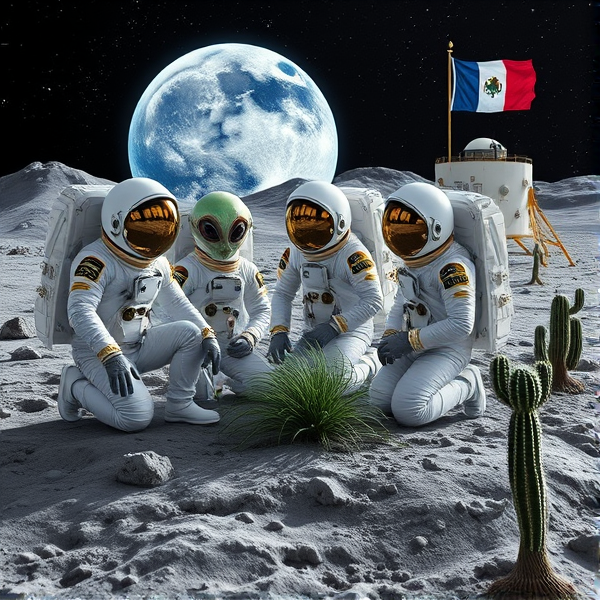 Trois astronautes, dont un extraterrestre à la longue chevelure émeraude flottant hors de son casque, sont habillés de combinaisons spatiales élégantes blanches avec des motifs or et des perles. Les détails sont finement travaillés, agrémentés d'accents chromés luisants. Des écussons emblématiques ornent leurs uniformes. Ils s'agenouillent sur le sol lunaire gris et texturé, qui scintille sous les reflets miroitants de leurs équipements. À leur côté se tient un bienveillant géant extraterrestre à la peau iridescente capturant les scintillements du cosmos dans son aura. Un astronaute plante méticuleusement des graines de pavot dans le sol riche d'un biodôme lunaire transparent doté d'un système hydroponique avancé et d'éclairage artificiel reproduisant le spectre solaire pour une photosynthèse similaire à celle de la Terre. Les visières réfléchissantes des casques montrent fidèlement le paysage lunaire, alors que leurs gants tactiles manipulent divers outils spécialisés avec précision. En arrière-plan se détache un module lunaire stylisé arborant fièrement l'emblème du Québec, tandis que la Terre se révèle majestueuse avec ses teintes naturelles en toile de fond. Le site est jonché d'instruments scientifiques de haute précision tels que des capteurs environnementaux et des moniteurs de croissance végétale à intelligence artificielle, complétés par des panneaux solaires flexibles disposés stratégiquement. Près du module habitable flotte un fanion du Manchester City Football Club, symbolisant le lien entre sport et exploration spatiale. Le relief accidenté comporte cratères marquants et monticules lunaires qui tranchent avec les infrastructures humaines modernes implantées dans ce paysage extraterrestre. Une douce lumière diffuse baigne cette scène sous un ciel nocturne constellé d'étoiles représentées avec exactitude sur un gradient allant du noir intense au bleu outremer éclatant. Non loin du biodôme flotte un fier drapeau acadien près d’un vaisseau spatial extraterrestre sophistiqué; d'autres créatures venues d'ailleurs sont présentes accompagnées par un drone technologiquement avancé - tous rassemblés près du lieu où s'élève aussi le fanion québécois distinctif. Plusieurs cactus lunaires entourent ce tableau, apportant une touche organique à cette colonie cosmique chaleureuse et accueillante