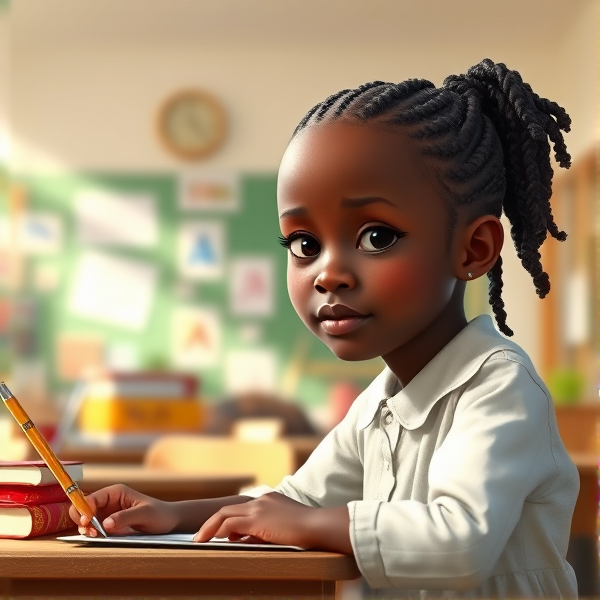 A young African girl, approximately 8 years old, with intricate braided hair, sitting attentively at her desk in a brightly lit classroom setting, surrounded by educational materials and school supplies