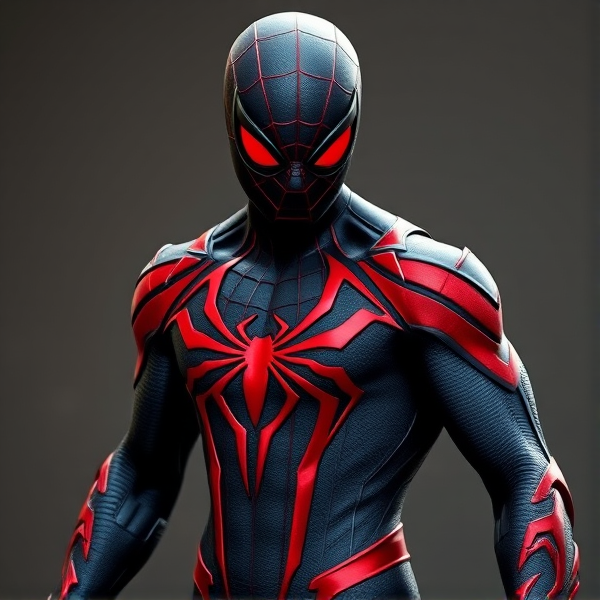 Créé une image d'un Spider-man avec un costume symbiote noir et rouge avec les yeux rouges et des gantelets à aileron