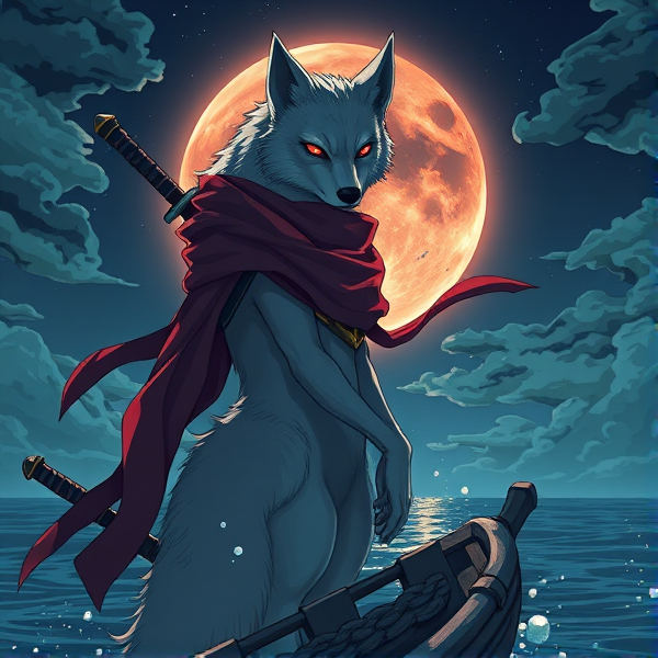 Loup roublard maitre de l'éclipse lunaire et avec un écharpe rouge autours du cou et avec deux épées dans le dos et il est sur un bateaux