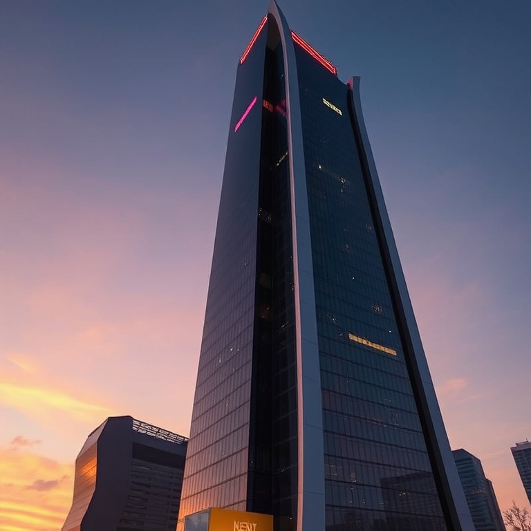 Futuristic skyscraper with a sleek design, reflective glass surface, and neon accents under a twilight sky