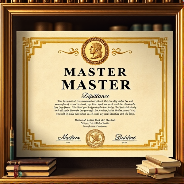 Prompt: Diplôme de Master élégant avec des bordures dorées sophistiquées, un sceau officiel en relief, une typographie classique et claire sur un fond en parchemin texturé, le tout présenté dans un cadre académique avec des livres et des symboles éducatifs