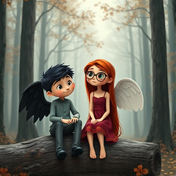 Black haired Caucasian male cartoon angel and red haired Caucasian female cartoon angel wearing glasses, sit on a log together in a rainy foggy Autumn forest in the style of Coraline