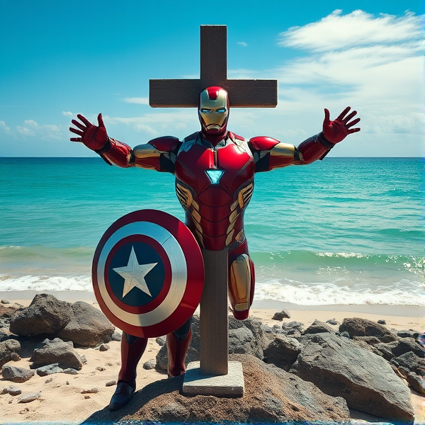 Captain iron man (captain America cross with iron man) at beach under a 🏝️