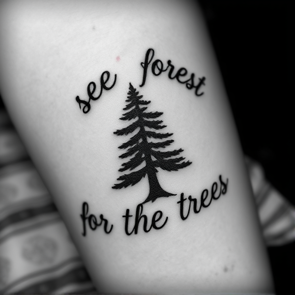 Tattoo with the words "see the forest for the trees" in any style font, around a tree in any way. black and white, tattoo, simple, elegant, pine tree, fine-line