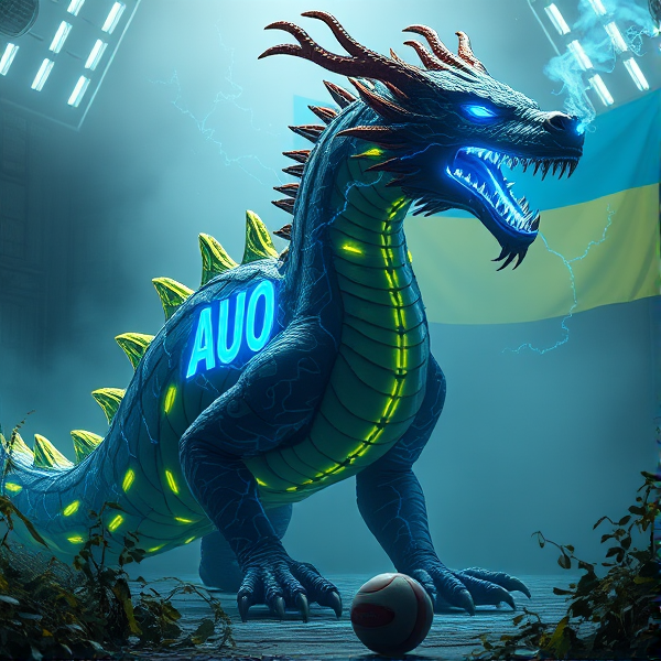 An intricately designed, streamlined dragon bearing the vivid acronym "AUO" on its chest in a radiant, blue electric luminous font that casts an electric glow, emanating waves of intense energy. The dragon's scales are a masterpiece of detailed circuit patterns that shimmer with a lifelike electrical pulse. From its nostrils, ethereal streams of digital smoke curl upwards, timed with the deep, resonant roars that showcase its electrified sharp fangs. As a respectful nod to tribute and unity, incorporate elements of the Ukrainian flag within the composition. This majestic creature resides in a desolate post-apocalyptic landscape that accentuates its powerful presence. In the background is the Ukrainian flag, a rectangle, with the top half blue and the bottom half yellow..there is a small AFL ball in the bottom corner of the image.