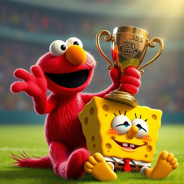 Elmo holding soccer trophy with SpongeBob on his knees in defeat crying