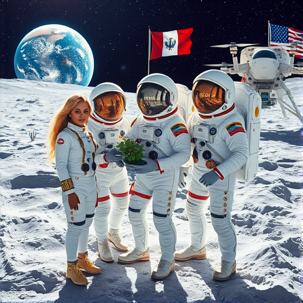 Trois astronautes, un humain flanqué de deux extraterrestres aux traits envoûtants, posent sur la surface lunaire baignée dans une lumière argentée émanant du régolithe étincelant. L'extraterrestre de gauche arbore une chevelure blonde et ondoyante qui semble danser en apesanteur autour de son casque transparent. Leurs combinaisons spatiales blanches sont embellies de motifs dorés complexes et parsemées de joyaux resplendissants qui reflètent les étoiles scintillantes alentour avec des finitions chromées brillantes. Les badges uniques sur chaque combinaison représentent leurs missions diverses.

À l'intérieur d'un biodôme lunaire innovant, un astronaute plante méticuleusement des graines dans un jardin hydroponique sous une lumière artificielle mimant le spectre solaire pour la croissance des plantes. Les reflets stériles du paysage lunaire se miroitent sur les visières réfléchissantes des casques. La vue à travers une fenêtre panoramique dévoile un module d'habitation avec le symbole du Québec, et au-delà, la Terre suspendue dans l'espace.

Non loin se trouve une série d'instruments scientifiques avancés près des panneaux solaires efficaces, sous le drapeau du Manchester City Football Club qui crée un lien entre le sport et l'exploration spatiale.

Le terrain est marqué par des cratères imposants, contrastant avec l'esthétique sophistiquée des infrastructures coloniales sous un éclairage doux mais net. Le ciel nocturne affiche un bleu outremer intense ponctué d'étoiles brillantes. Près du biodôme flotte également le drapeau acadien, animé par le vide spatial. Une navette spatiale extraterrestre élégante est garée non loin, entourée par la faune pacifique de créatures lunaires.

Un drone survole discrètement la scène près du pavillon québécois. Parmi la flore exotique se trouvent des cactus lunaires atypiques et une créature extraterrestre charmante se promène près du jardin hydroponique où poussent des plantes argentées évoquant des liasses de dollars.