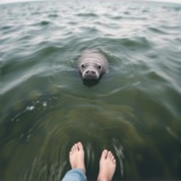 Make a first person perspective of someone standing on a marsh in the ocean with a blur of a manatee rising to the surface in the blurry water