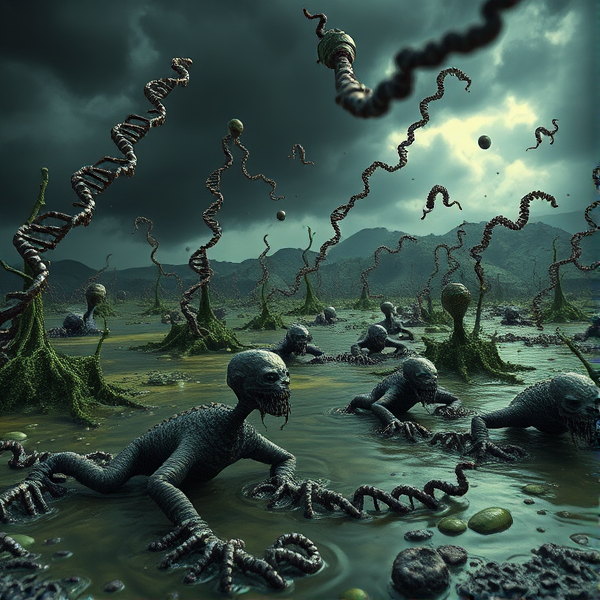 Un paysage génétique dystopique, avec de l'ADN muté et des chromosomes déformés flottant dans un marais toxique verdâtre sous un ciel orageux, évoquant le concept d'épigénétique altérée; créatures dégoûtantes issues de modifications épigénétiques rampent sur le sol boueux, leurs expressions torves révélant leur dégoût pour l'environnement corrompu. Le tout dans un style hyperréaliste, avec un éclairage dramatique accentuant les textures visqueuses et les reflets huileux. L'angle de la caméra est en plongée légère pour capturer l'étendue sinistre du paysage et les formes grotesques des créatures.