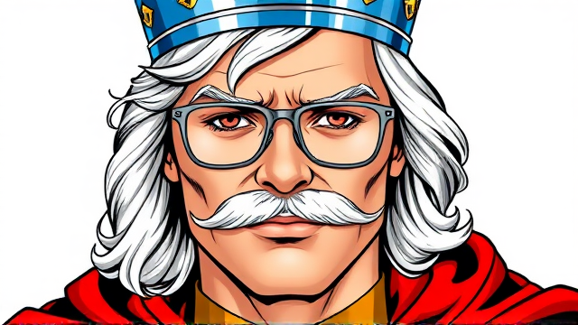 Male tan skin color with white long wavy middle part hair white mustache with chin stub, silver glasses, silver and blue crown, red royal cape, tan ranger uniform slightly visible under cape. Less manly