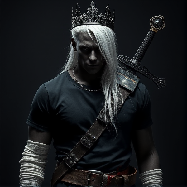 A male human with completely black skin, a black tee with bandages that cover his arms, bounty hunter armor covering his bottom half, white hair with some blood on the right part of the hair, a black crown, a black crying entity face with no mouth, and a sword in its sheath on his back