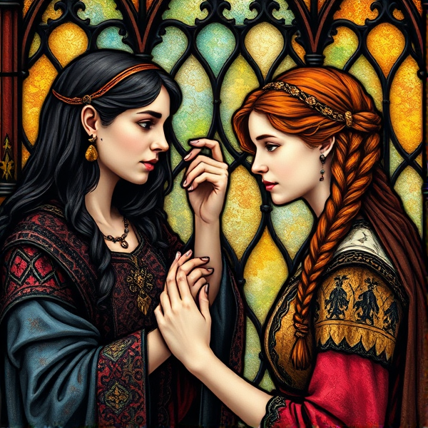 Dark haired middle aged Guinevere braiding the hair of Red haired young Arthurian teenage princess in the style of medieval stained glass