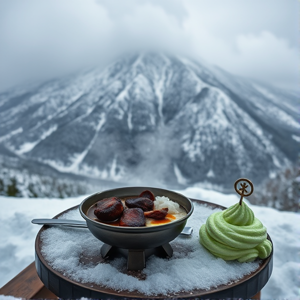 Montagne coréenne en neige avec fumée, petite table avec posé dessus de la viande toute chaude bol de riz et à côté une glace  de couleur verte