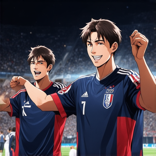 prompt: scène dynamique de demi-finale olympique de football avec l'équipe de France célébrant un but, stade plein à craquer, éclairage vif, fans en liesse, drapeaux français flottants, joueurs en tenue officielle de l'équipe de France 2024