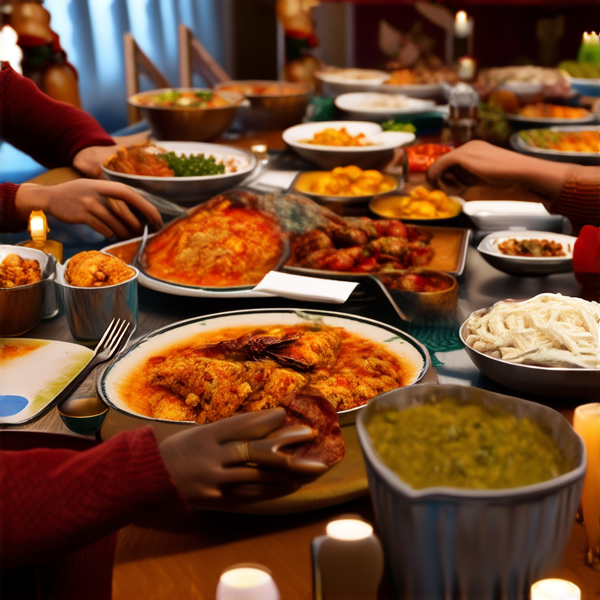 Repas de famille afro-américaine traditionnel, réunis autour d'une grande table avec des plats faits maison typiques