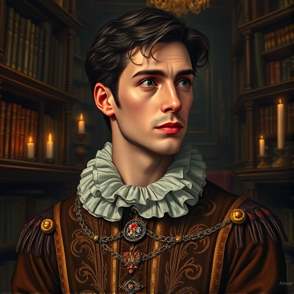 portrait détaillé de Michel Mayer en costume élégant de la Renaissance, riche en textures et ornements, avec un pourpoint brodé de fils d'or, une fraise plissée autour du cou, une expression pensante capturant sa contemplation intellectuelle et un regard profond, sur fond de bibliothèque ancienne regorgeant de livres reliés en cuir et de rouleaux de parchemin, éclairage tamisé par des bougies reflétant l'ambiance studieuse d'une époque révolue